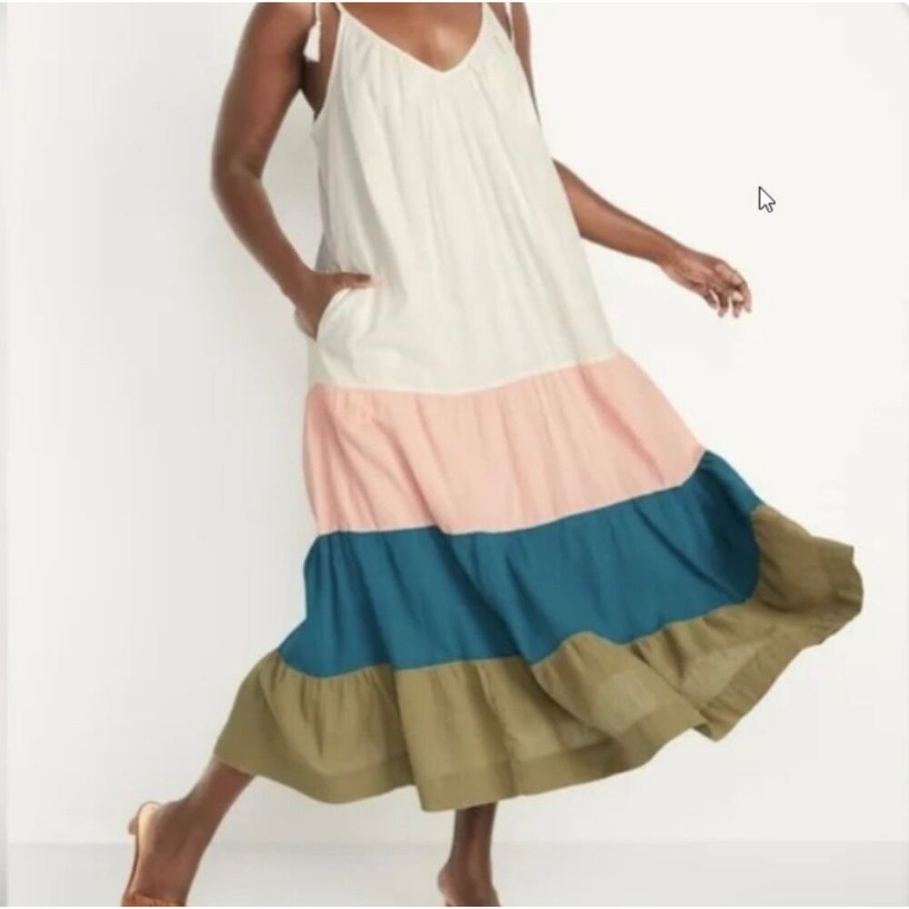 NWT - OLD NAVY Tassel Tie Shoulder Color Block Tiered Gauzy Maxi Dress, Sz L